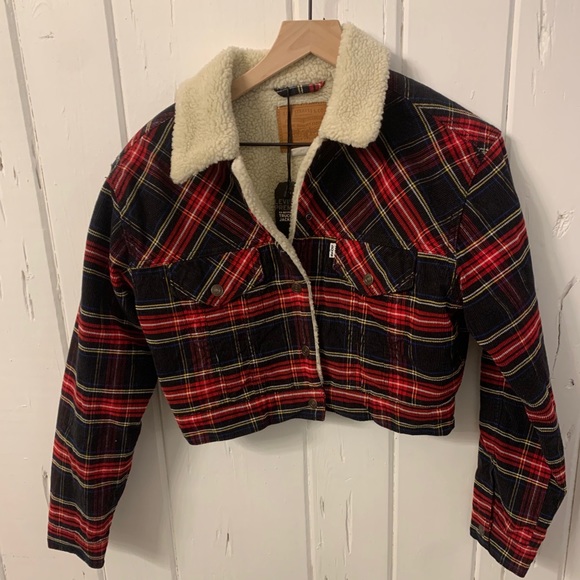 Levi’s Women Red Plaid Corduroy Cropped Jacket